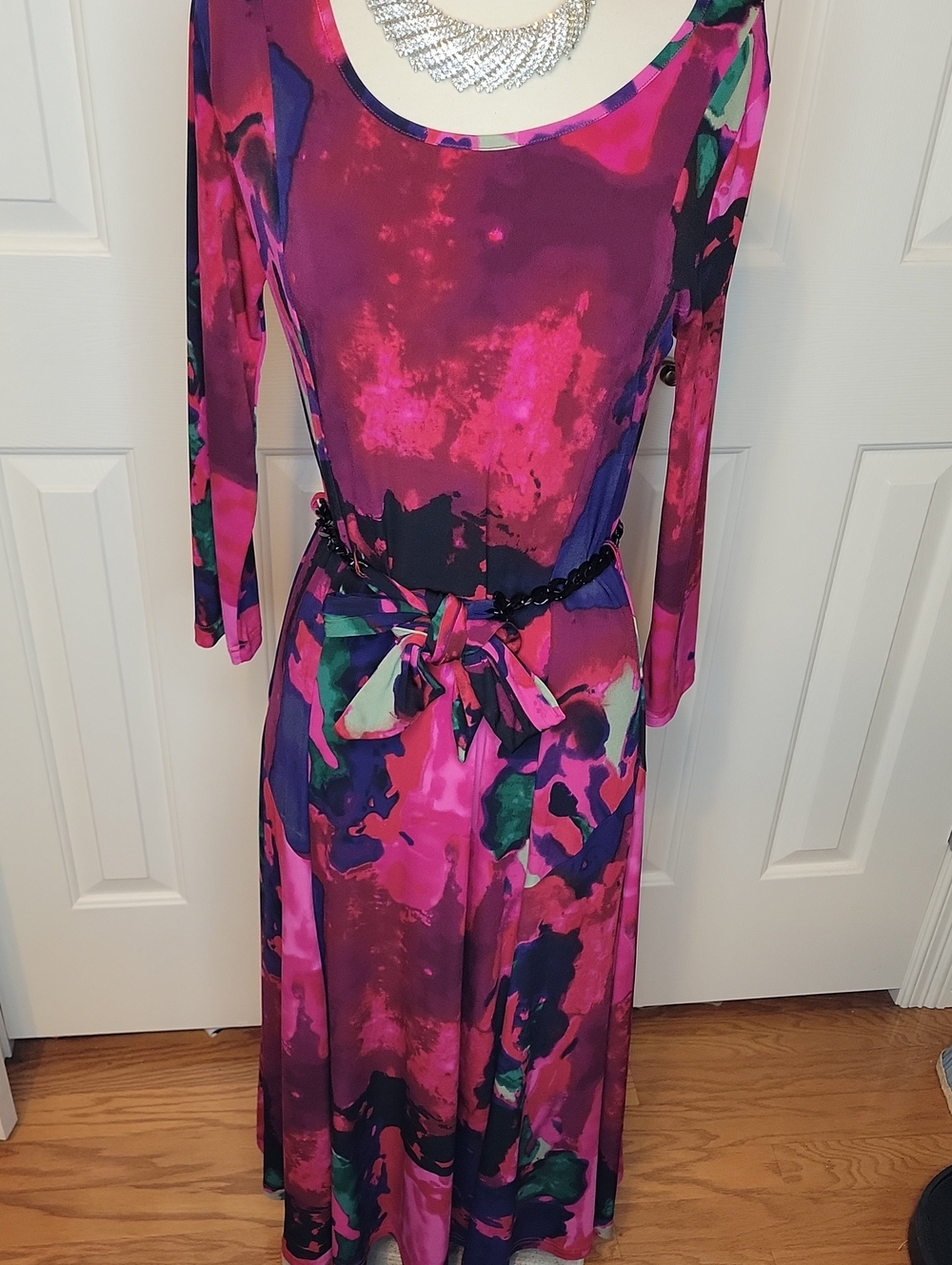 Nina Leonard Bright Pink Abstract Print Long Sleeve Dress